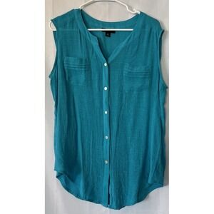 Women's AB Studio Teal Button Up Tank Shirt Sleeveless Crinkle Crepe Pockets XL